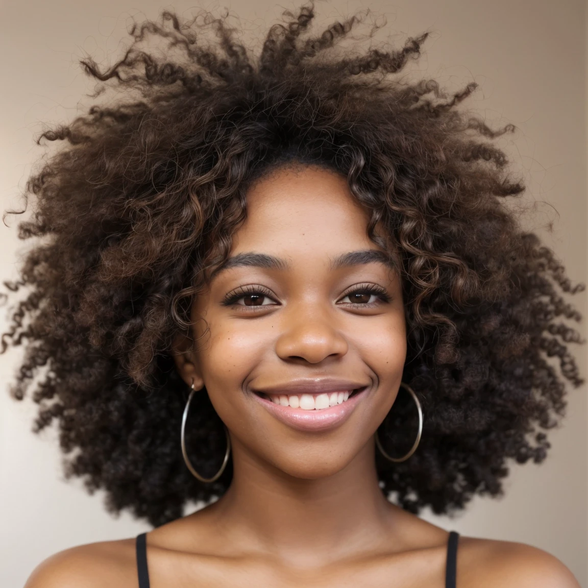 Instagram photo of a African-American Voluminous curly hair, warm brown eyes, long dark eyelashes, rounded face, soft features, warm complexion, infectious smile, 