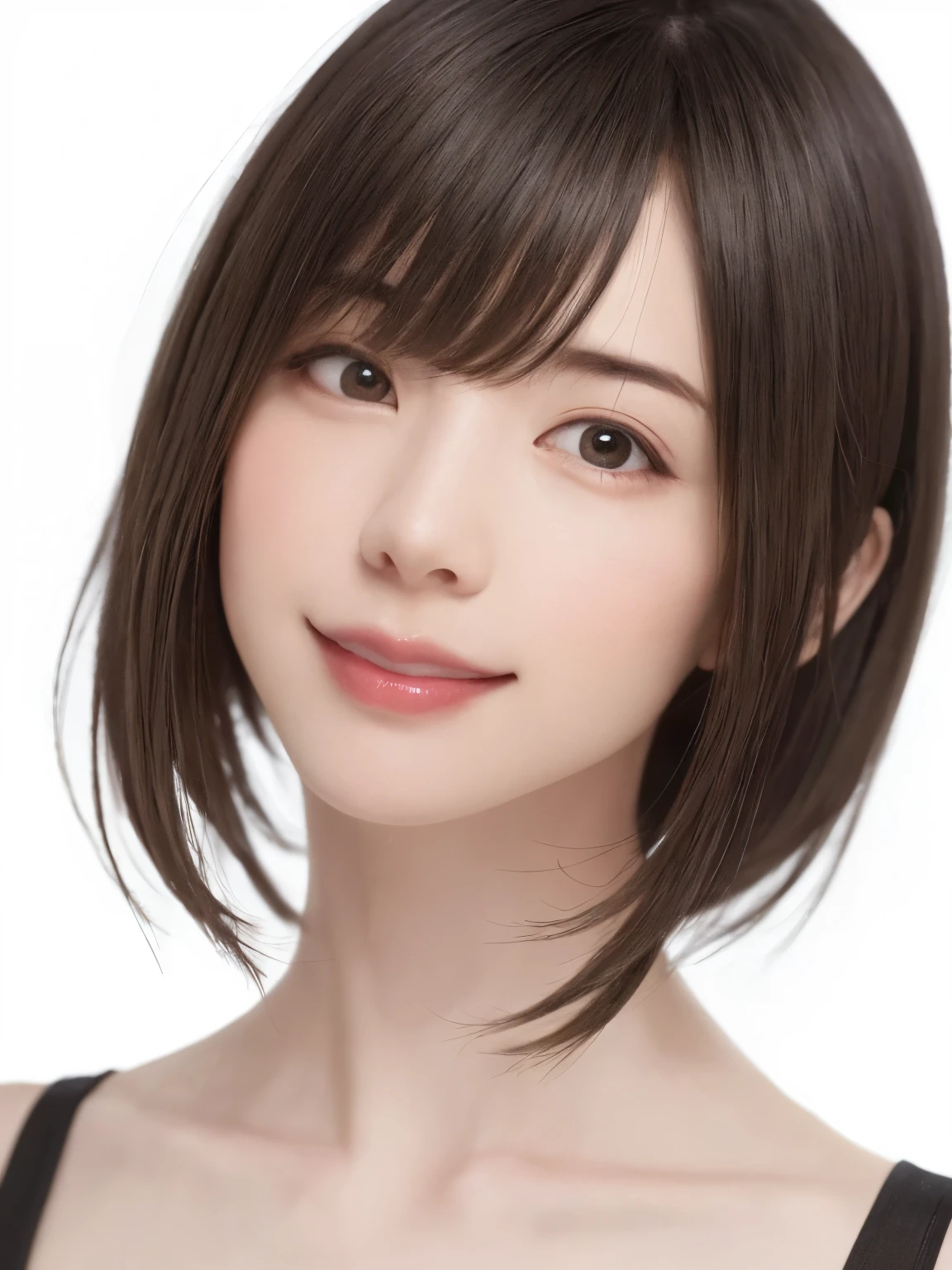 1 girl, alone, Shiny skin, chest, very detaileded, ultra detaileded, Ultra-high resolution, whole body, (Photorealism:1.4), (highest quality), (Best Shadow), Ulzzang-6500, detailed, Perfect lighting, Black Hair, ((Showpiece, highest quality, High precision)), One Girl, (big chest, Realistic: 1.4), (look up at the camera even a little, カメラをlook up, look up, look up at the camera, Looking into the camera))), alone, , White Background, snow-White Background, shut up., smile, pretty Black Hair, short hair, Big eyes, Transparent double eyelids, eyelash, listen, Long neck, Long neck, Absolute area, ((Face close-up, short hair with bangs)), 19 years old, Attractive proportions, Shiny skin, Beautiful clavicle, Golden ratio face, Perfect Face, Teardrop-shaped mole, chestのほくろ, bangs, clean bangs, beautiful bangs, Lip gloss, Thin lips, White skin, I took off my clothes, big chest, Small face, Small face, 少し上を向いてLooking into the camera, ((smile a little for the camera, really nothing pure White Background, very big big chest, big chest))