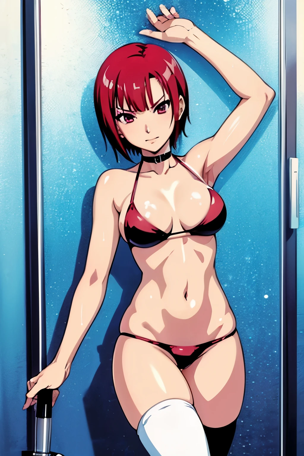 Rio, Super Blackjack、Red Hair、Short Hair、((Black Bikini))、((Thigh-high socks))、See-through、Photo from below、Medium chest、((shower))、Rio・デ・カーニバル、((Get wet all over))、Swimwear