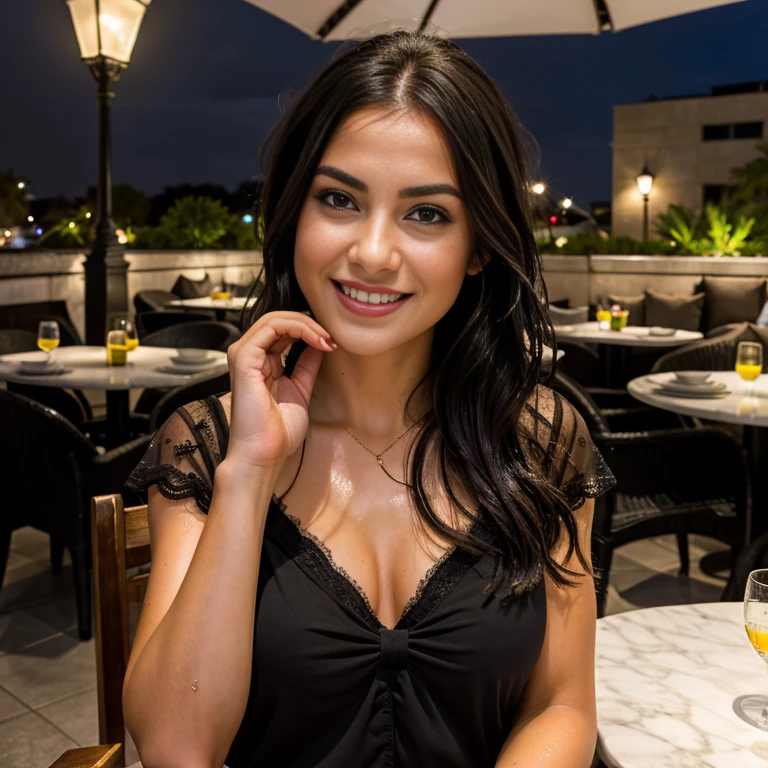 (8k, best quality, masterpiece:1.2), (realistic, photo-realistic:1.37), ultra-detailed,((( 1 girl))),solo,beautiful detailed sky,detailed cafe,night,sitting,dating,(nose blush),(smile:1.15),(closed mouth) small breasts,beautiful detailed eyes,(shirt:1.1), night, wet, rain,white lace, (short hair:1.2),floating hair NovaFrogStyle, ((full body)),stand, sexy, cute
