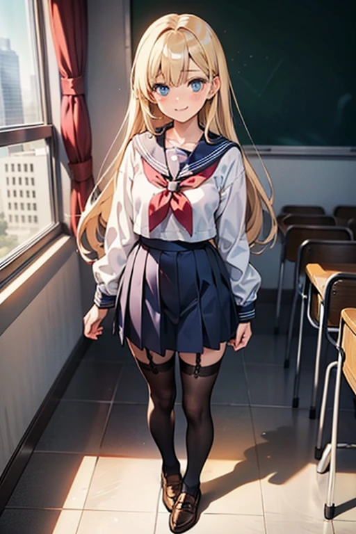 ((highest quality)), ((masterpiece)), (detailed), Anime 2D Rendering, Realistic young anime woman, Perfect Face, high school student、Beautiful girl、Slanted Eyes、blue eyes、Tsundere、Long blonde hair、smile、Outstanding style、nice buddy、glamorous、Sailor suit、Skirt、Garter belt and black stockings、loafers、classroom、A view from a little above
