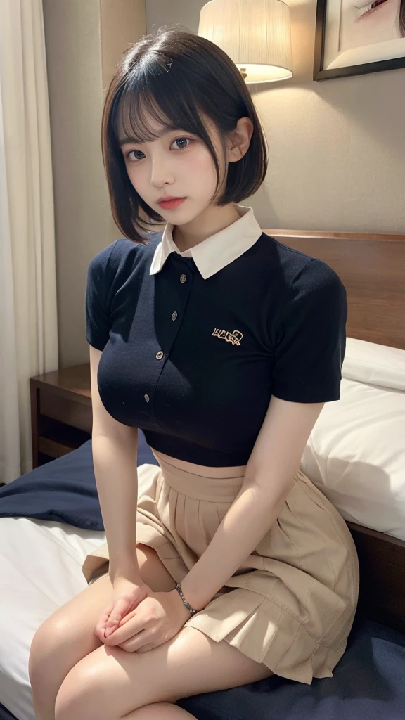 muste piece, best quality, illustration, Super detailed, fine details, High resolution, 8K,wall paper, perfect dynamic composition,(Details High quality, realistic depiction of eyes:1.3), (collared shirt:1.1), pleated skirt, big breasts, short bob hair、black hair color, Big Natural Color Lip, bold sexy pose, crying a little、cold gaze, Harajuku style、20 year old girl、cute type、lolita、beautiful legs, hotel room, gravure idol, Voluptuous thighs