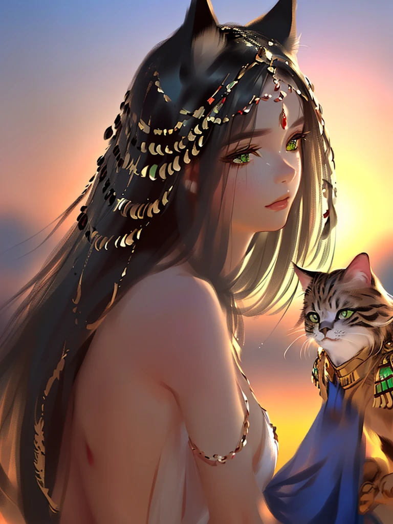 very good illustration, High detail, dynamic angle, beautiful detailing,2D, (Best quality, masterpiece, Beauty, tenderness), Anime, Highly detailed face, very detailed eyes, very detailed background, Ideal lighting, Whole body, 1 girl, One, (Very detailed cat ears), (Very detailed ears behind the hair)? Goddess Bastet, Ancient Egypt \(Очень подробный Ancient Egyptian\), Very detailed clothes, green eyes, Finely detailed eyes, ears covered with hair, (Very detailed background)