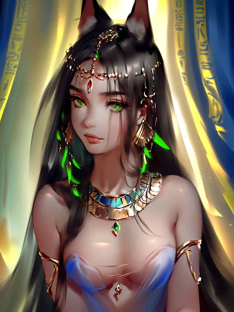 very good illustration, High detail, dynamic angle, beautiful detailing,2D, (Best quality, masterpiece, Beauty, tenderness), Anime, Highly detailed face, very detailed eyes, very detailed background, Ideal lighting, Whole body, 1 girl, One, (Very detailed cat ears), (Very detailed ears behind the hair)? Goddess Bastet, Ancient Egypt \(Очень подробный Ancient Egyptian\), Very detailed clothes, green eyes, Finely detailed eyes, ears covered with hair, (Very detailed background)