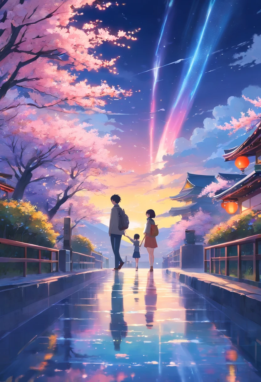 A painting with elements reminiscent of Japan, Canada, Norway with Mount Fuji and Northern Lights, des fleurs de cerisier, un torii, un couple amoureux avec un homme et une femme aux cheveux long et bruns.