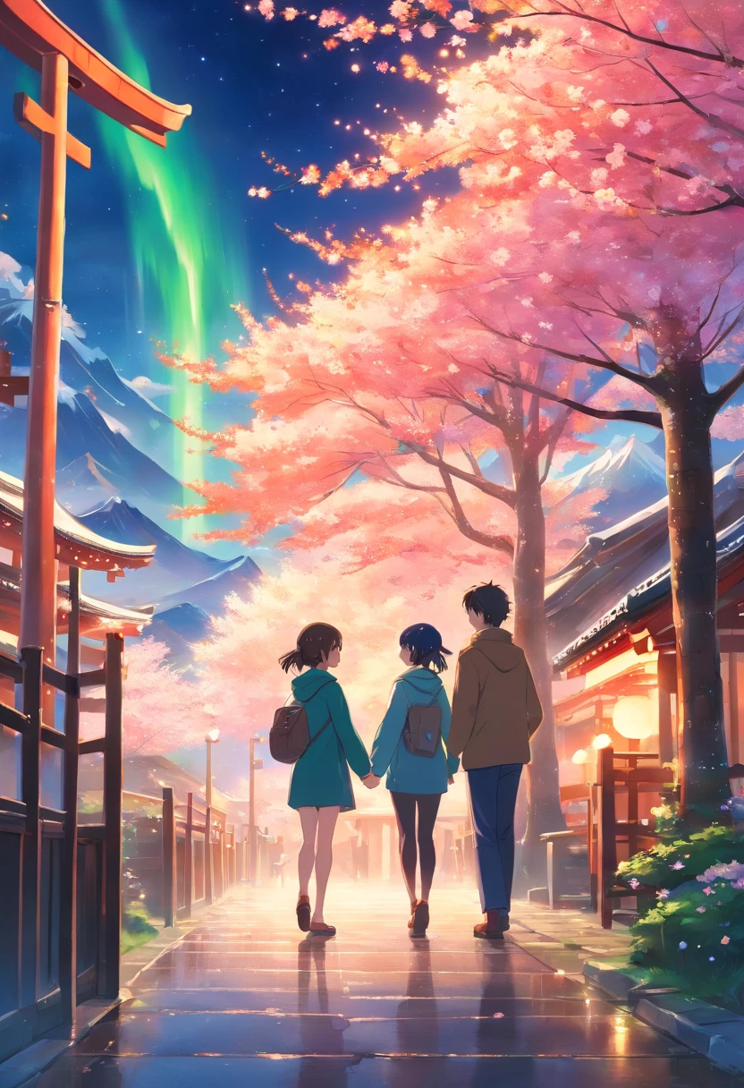 A painting with elements reminiscent of Japan, Canada, Norway with Mount Fuji and Northern Lights, des fleurs de cerisier, un torii, un couple amoureux avec un homme et une femme aux cheveux long et bruns.