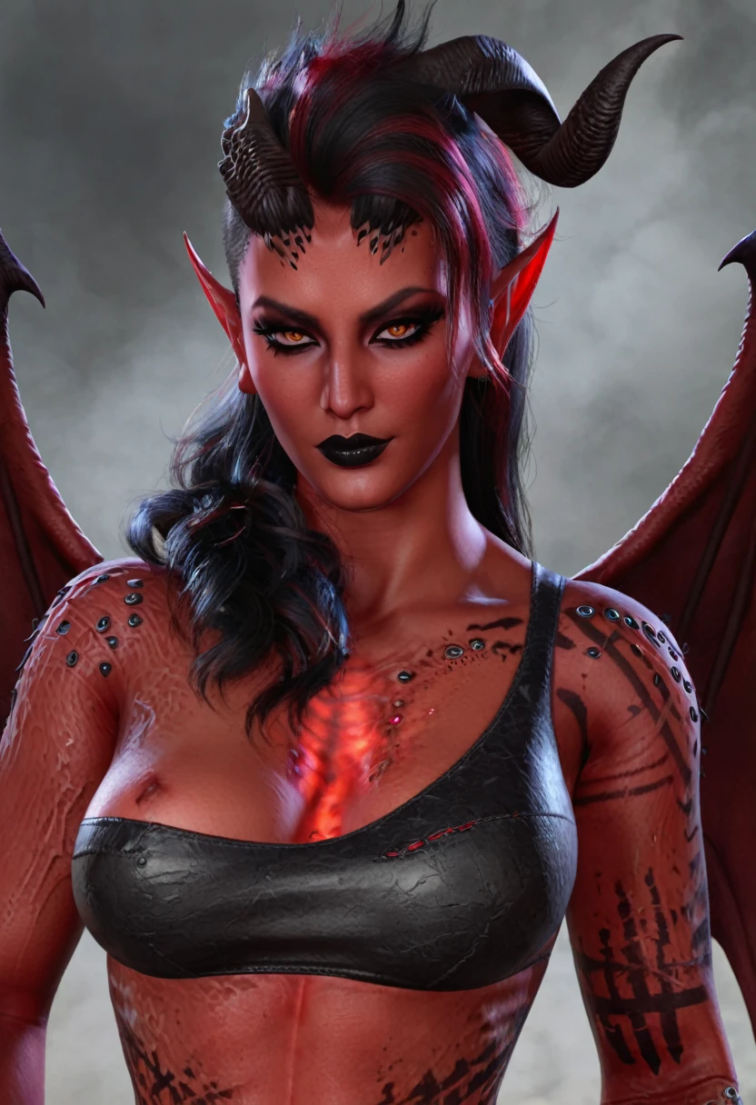 Realistic Beautyfull evil demonic sexy demented devil women,beautiful seductive facial expression,gorgeous facial features, highly detailed red skin, large curled devil horns, think curved jet black eyebrows, long luscious eyelashes, thick black eyeliner, jet black eye shadow, thick jet black lipstick,large hyper realistic detailed red eye, thin detailed little nose, high cheek bones, Cleft chin, small areolas, small perky darkred nipples,  large voluptuous curved breasts, elegant figure, seductive hips, demonic devil outfit, large detailed demon wings,