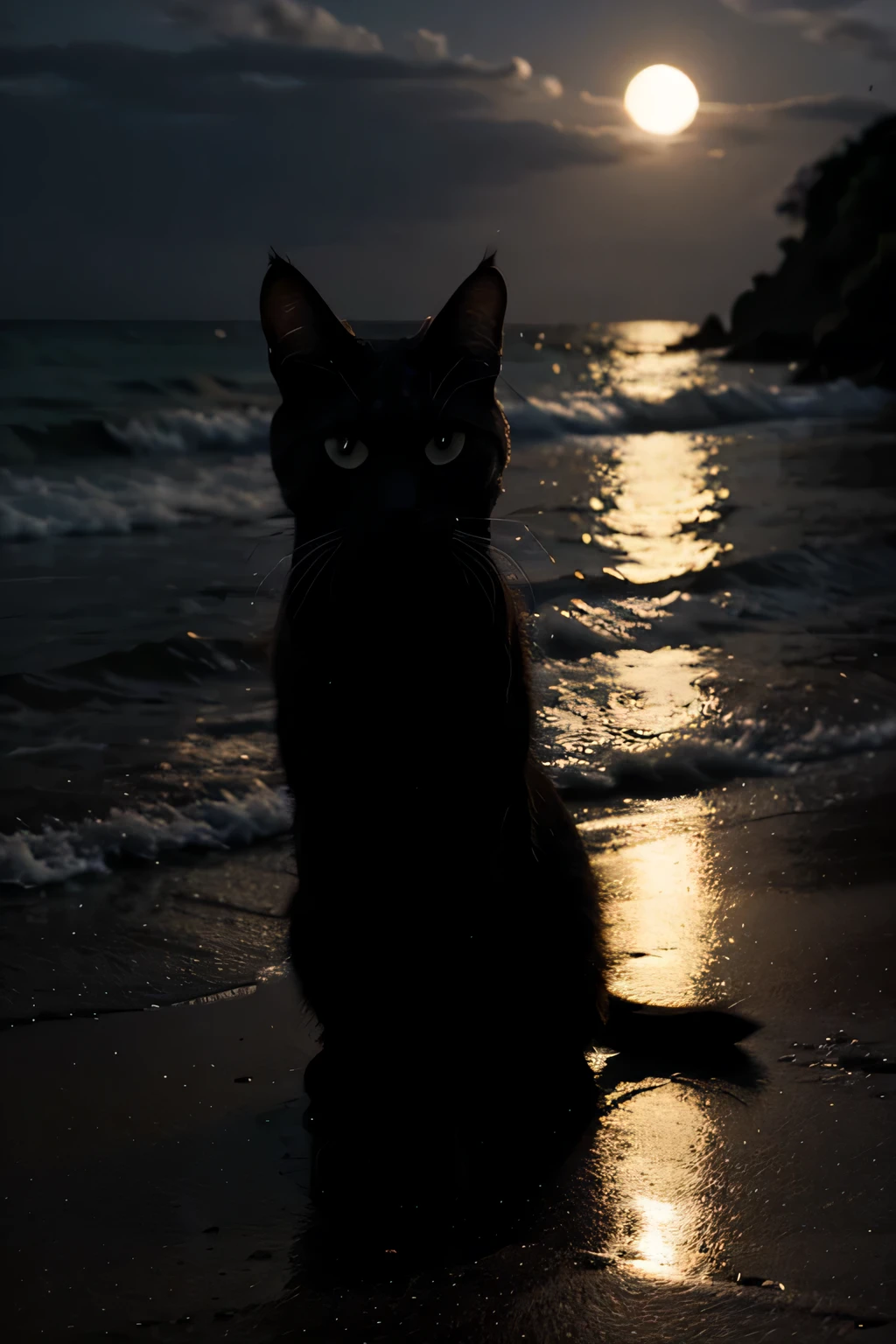 A black-haired naked girl stands on the beach and looks back. Next to her is a small black cat with horns and a tail like a demon