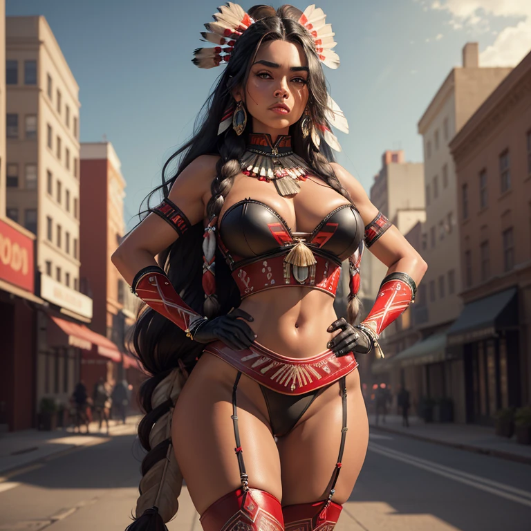 masterpiece, best quality, masterpiece, godlike quality, godlike art, highly detailed face, highly realistic, (((native American))), woman, black hair, long hair, ((red bustier)), long boots, black boots,  long gloves, black gloves, coco skin, city scape background , standing,  hands on hips,  red top,  red panties , 1woman , curvy 