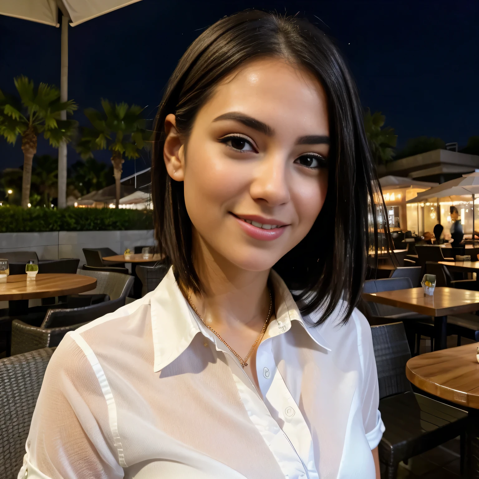 (8k, best quality, masterpiece:1.2), (realistic, photo-realistic:1.37), ultra-detailed,((( 1 girl))),solo,beautiful detailed sky,detailed cafe,night,sitting,dating,(nose blush),(smile:1.15),(closed mouth) small breasts,beautiful detailed eyes,(shirt:1.1), night, wet, rain,white lace, (short hair:1.2),floating hair NovaFrogStyle, ((full body)),stand, sexy, cute