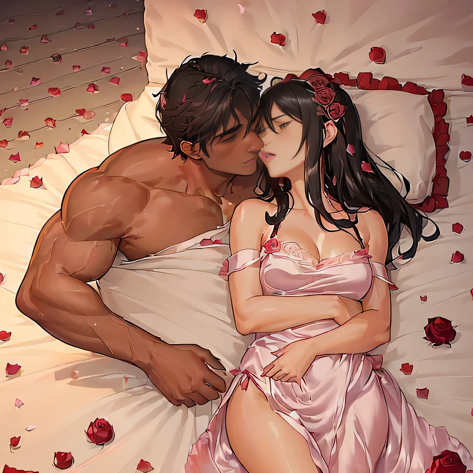 (A muscular man in the bed holding a black-haired woman, kissing her passionately in a nighttime bedroom: 1.9) (Intense and intimate moment between the couple: 1.9) (The man has short brown hair and is wearing a casual shirt: 1.8) (The woman’s black hair cascades down her shoulders, highlighting her beauty: 1.9) (Their faces express deep love and desire: 1.9) (Soft candlelight illuminates the room, creating a romantic ambiance: 1.8) (The bed is adorned with luxurious silk sheets and scattered rose petals: 1.8)