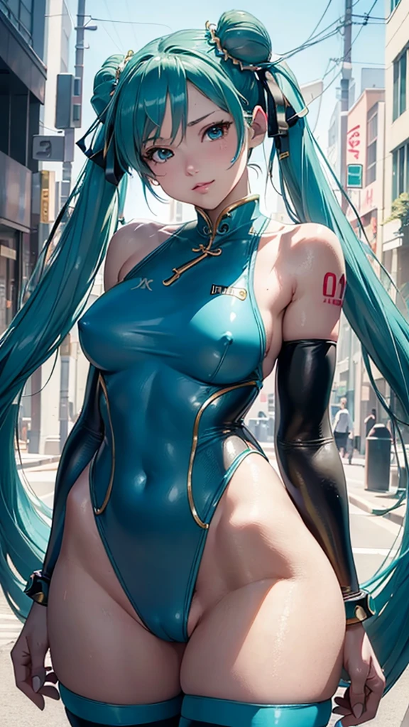 Super detailed, NSFW, masterpiece, High resolution, Photorealistic digital art, perfect lighting, (((1 girl, perfect anatomy))), accurate right hand, accurate left hand, five fingers, perfect style, (((hatsune miku,))) 3d face, big light blue-green eyes, glossy lips, blue-green long hair, shiny skin, smile, (((twin tails))), big square hair accessories, (Chun Li), Blue fighting suit, outdoor, Street Fight,