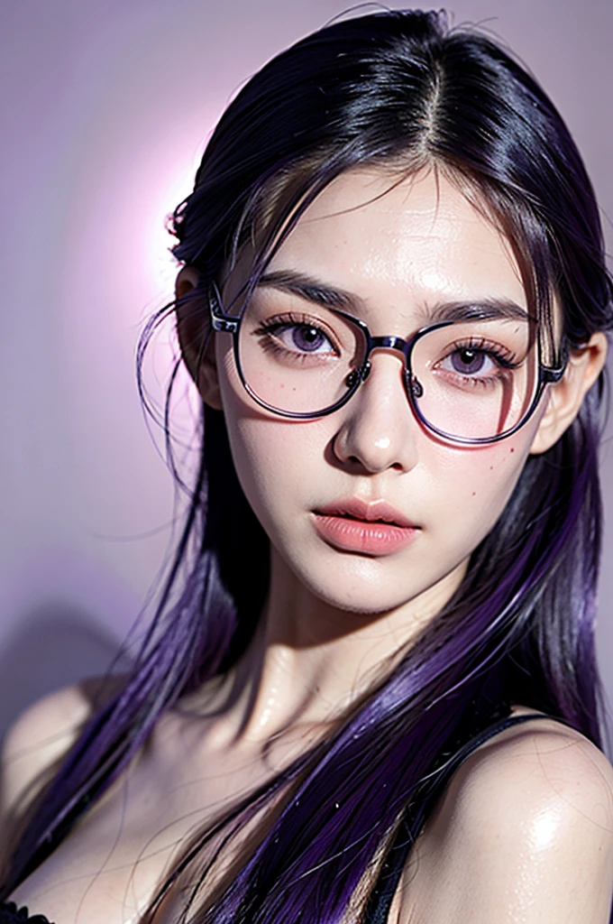 realistic,( photo-realistic), ultra hires, (masterpiece, top quality, best quality, official art, beautiful, raw photo, (high detailed skin:1.2), detailed woman face, kafka, purple eyes, purple hair, eyewear on head, long eyelashes, delicated eyebrows, beautiful lips, high detailed eyes