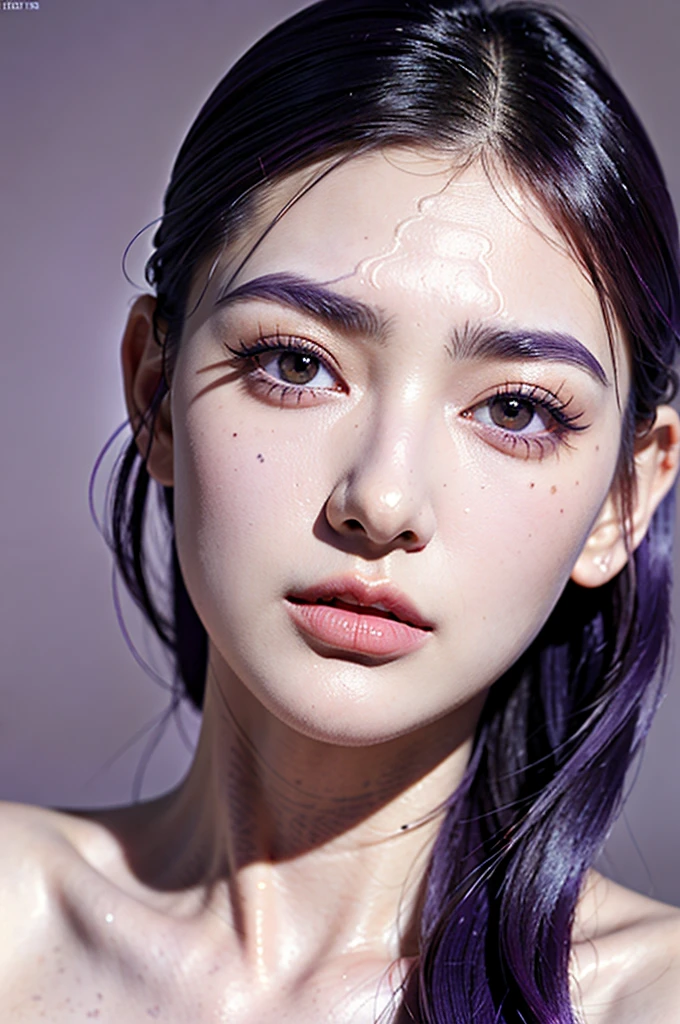 A striking and captivating close-up portrait of a woman in monochrome gray, with a touch of dark purple and lilac hues. The subject's long, elegant eyelashes accentuate her gaze as she looks upwards with a bright, glimmering eye. The image exudes a modern, digital-enhanced aesthetic through its shimmering, glittering effect, reminiscent of a 3D render or illustration. The composition boasts depth and texture, creating a vibrant and conceptual piece that is both fashionable and artistic., fashion, illustration, conceptual art, vibrant, ukiyo-e