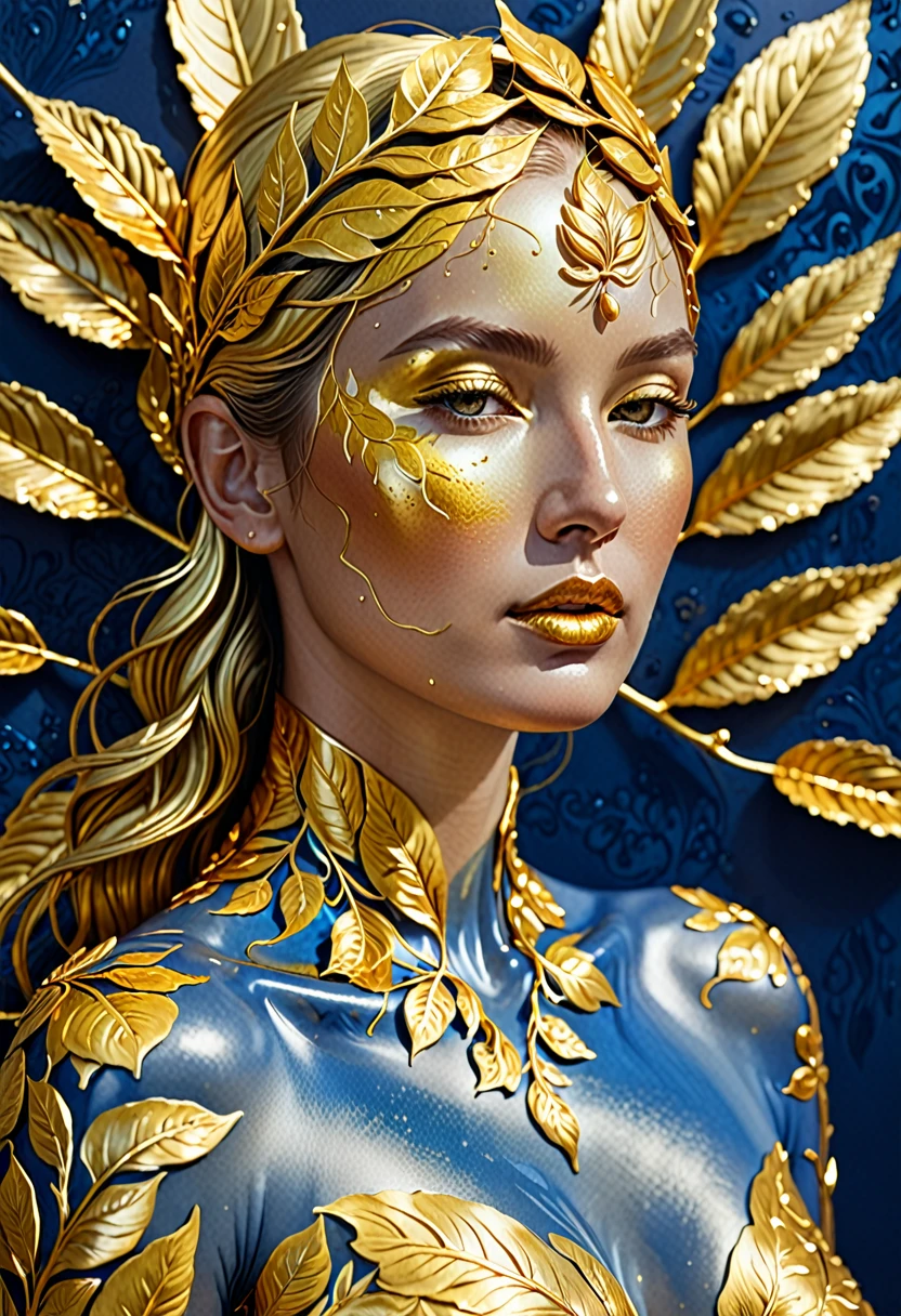 The image shows a work of art depicting a golden woman. The woman is meticulously detailed, with the veins and textures of the leaf realistically rendered. The golden woman has a shiny, metallic appearance, and the woman is set against a plain blue background, which contrasts with the golden color and highlights the details of the drop. The artwork is probably created using a technique that involves applying fine gold women to a surface, which is a common method for creating decorative or artistic pieces.