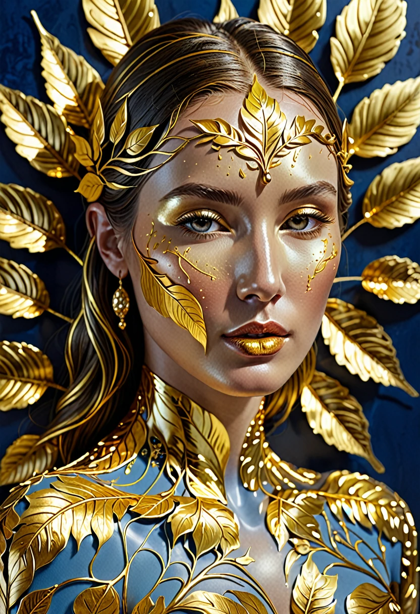 The image shows a work of art depicting a golden woman. The woman is meticulously detailed, with the veins and textures of the leaf realistically rendered. The golden woman has a shiny, metallic appearance, and the woman is set against a plain blue background, which contrasts with the golden color and highlights the details of the drop. The artwork is probably created using a technique that involves applying fine gold women to a surface, which is a common method for creating decorative or artistic pieces.