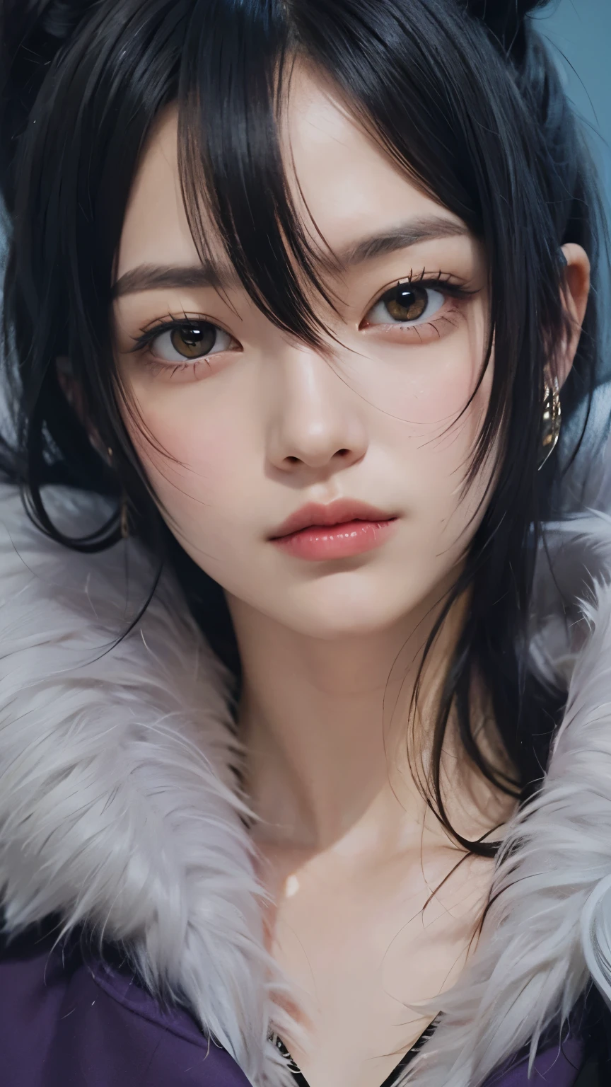 a woman with black hair and yellow eyes wearing a purple coat
