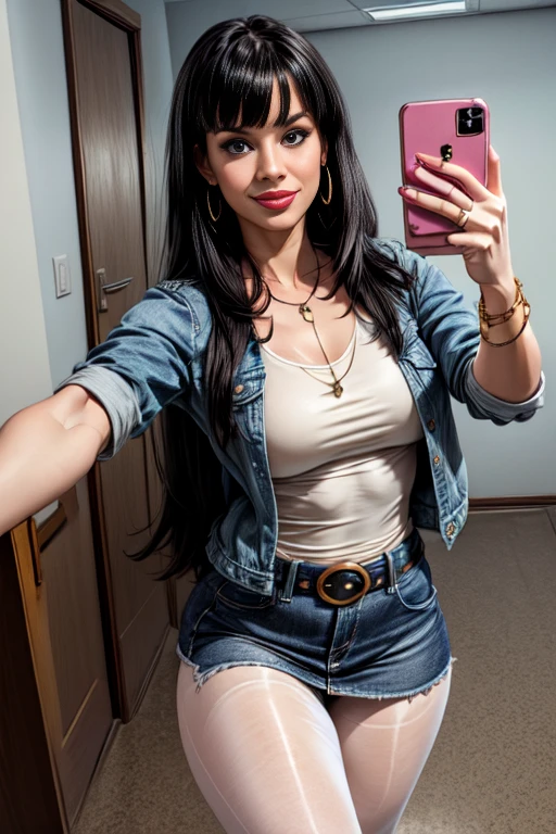 1woman 30year old, solo, long straight black hair, bangs,looking at viewer, detailed eyes, shy smile,jewelry, medium breasts, earrings,belt, blue denim jacket over tight beige t-shirt,mini skirt,sheer white pantyhose,knee boots, necklace, bracelet, lips,((selfie pose)),((dynamic angle)),