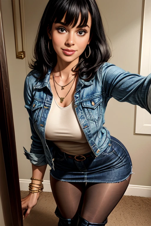 1woman 30year old, solo, long straight black hair, bangs,looking at viewer, detailed eyes, shy smile,jewelry, medium breasts, earrings,belt, blue denim jacket over tight beige t-shirt,mini skirt,sheer tab pantyhose,boots, necklace, bracelet, lips,((selfie pose)),((dynamic angle)),