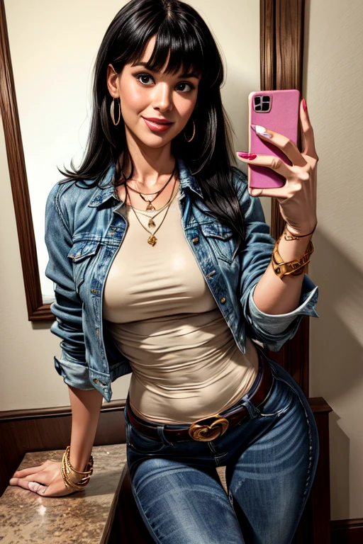 1woman 30year old, solo, long straight black hair, bangs,looking at viewer, detailed eyes, shy smile,jewelry, medium breasts, earrings,belt, blue denim jacket over tight beige t-shirt,mini skirt,sheer tab pantyhose,boots, necklace, bracelet, lips,((selfie pose)),((dynamic angle)),