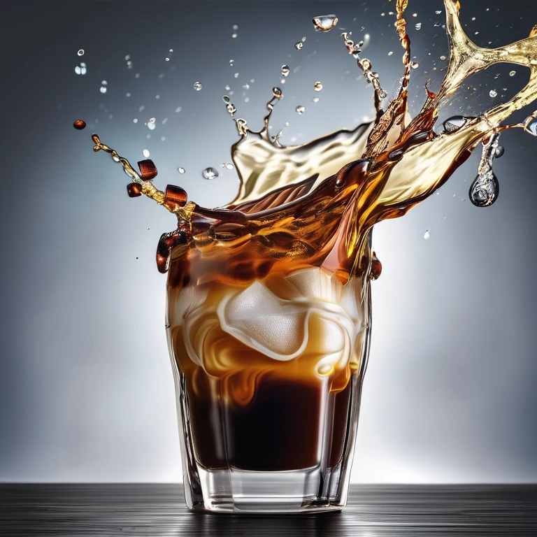 Coffee  decorado in a glass cup with some ice, full amount of drink level, a motion of filling up the drink, close, HDR, foto realista, cinemactic,foto promocional, publicidade, iluminado, Adobe Lightrooom