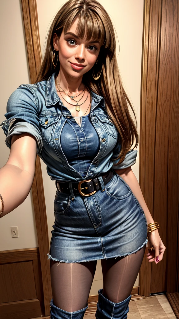 1woman 30year old, solo, long straight hair, bangs,looking at viewer, detailed eyes, shy smile,jewelry, medium breasts, earrings,belt, blue denim jacket over tight beige t-shirt,mini skirt,sheer tab pantyhose,boots, necklace, bracelet, lips,((selfie pose)),((dynamic angle)),