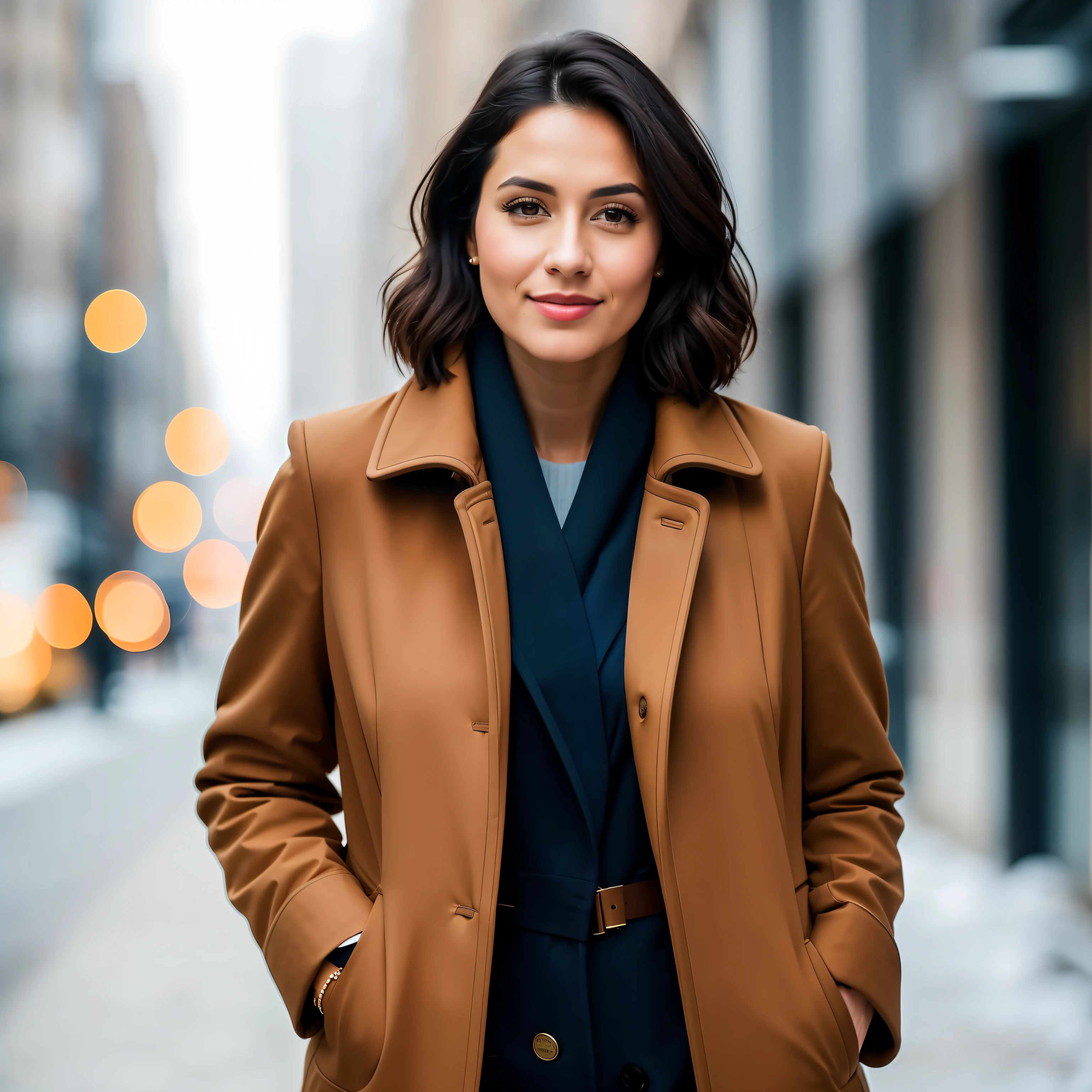 esta mulher olhar elegante, dia frio, corpo todo, mulher com cabelos escuros curtos e ondulados e olhos castanhos, 8k, fotos tiradas por Hasselblad + amazingly detalheed, Nitidez, detalhe + professional lighting, photographic lighting + 50mm, 80mm, 100m + galeria do lightroom + fotografia + unsplash - Imagem #3