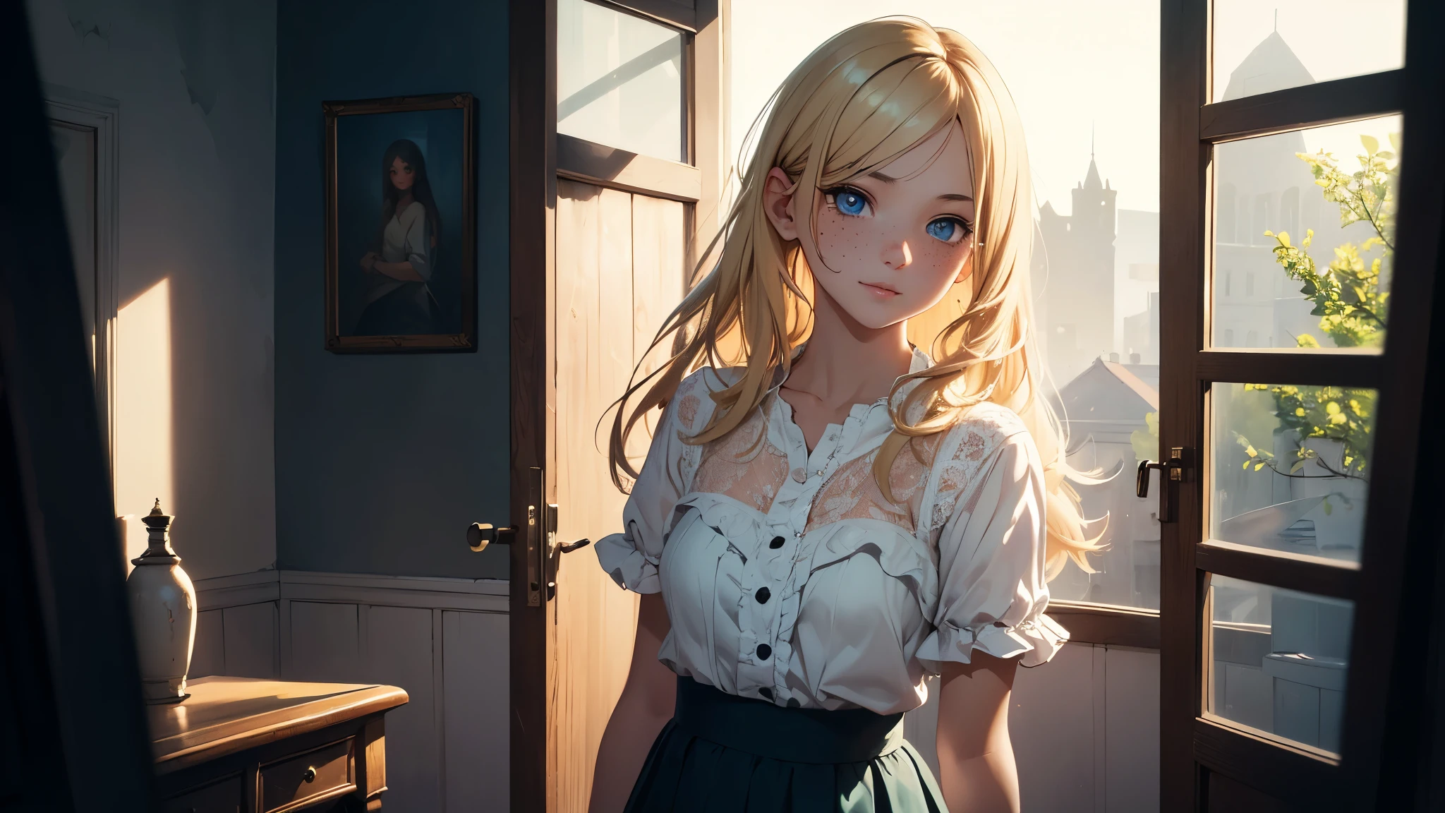 ((masterpiece,best quality,ultra detailed,ultra high res)), soft realistic focus, Perfect Eyes, dynamic shadows, realistic image, vibrant colors,light leaks,dreamy atmosphere,chiaroscuro,BREAK
experimental charm, The girl is depicted in full growth, girl 10 years old, thin and tall, you see the girl from head to toe, nostalgic appeal, country girlfriend, she take you with yourself, skirt and short blouse, soft mischievous smile, freckles, blonde hair, slightly leaning forward, flashback of memories, blonde, holding your hand