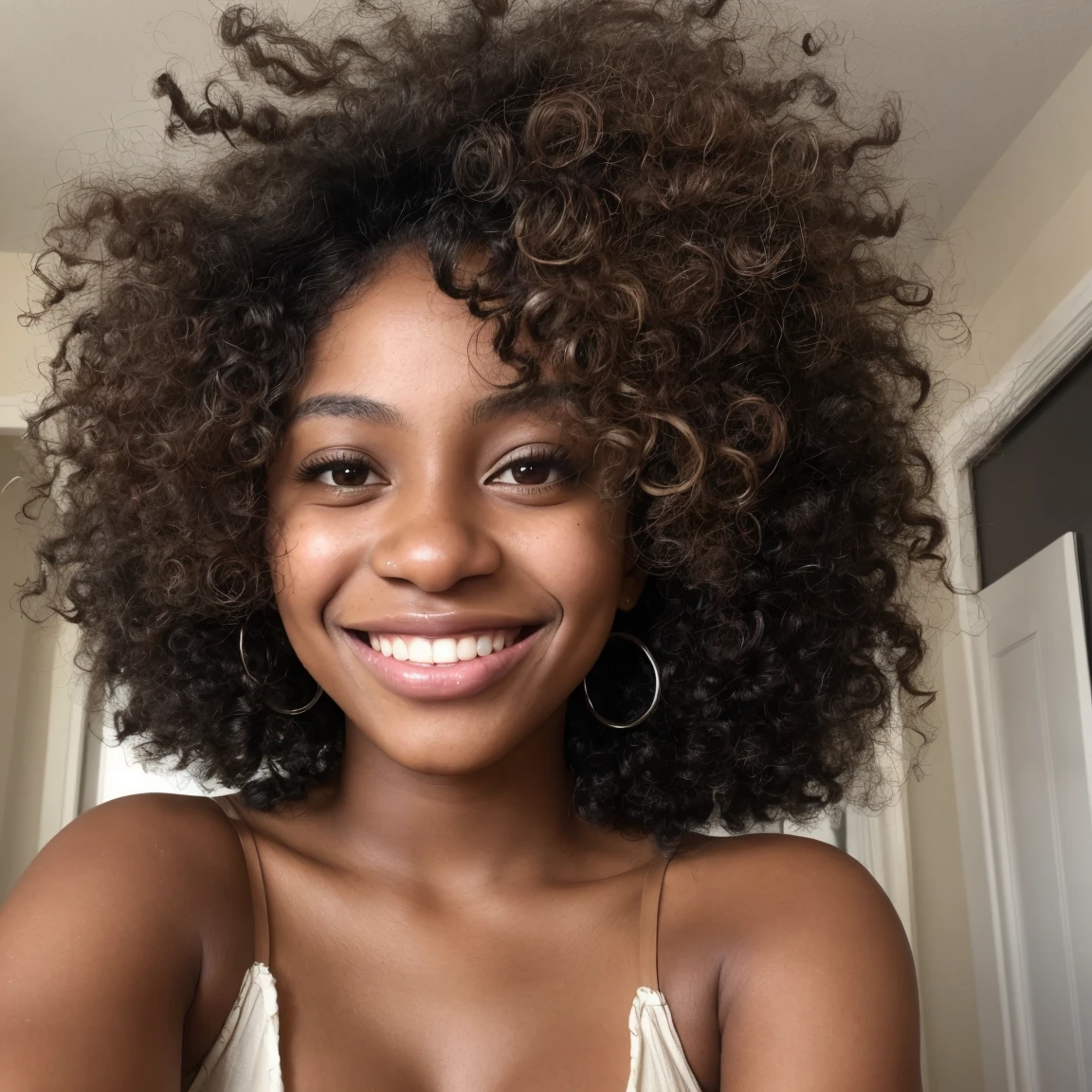 Instagram photo of a African-American, 20 years, Voluminous curly hair, warm brown eyes, long dark eyelashes, rounded face, soft features, warm complexion, infectious smile,