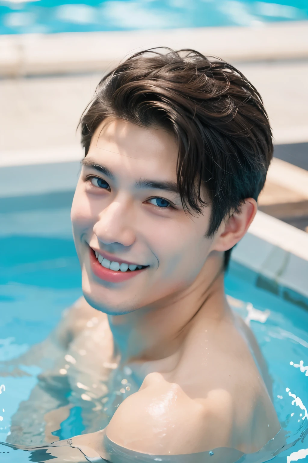 Create photos of a white asian boy, smiling, blue-eyed man with an athletic body in the pool