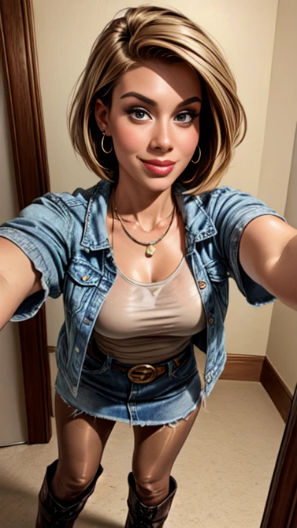 1woman 25 year old, solo, short straight hair,ooking at viewer, detailed eyes, shy smile,jewelry, medium breasts, earrings,belt, blue denim jacket over tight beige t-shirt,mini skirt,sheer tan pantyhose,boots, necklace, bracelet, lips,((selfie pose)),((dynamic angle)),