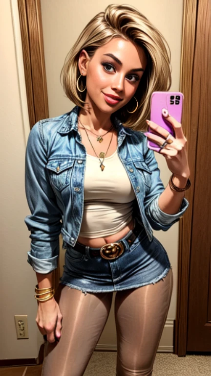 1woman 25 year old, solo, short straight hair,ooking at viewer, detailed eyes, shy smile,jewelry, medium breasts, earrings,belt, blue denim jacket over tight beige t-shirt,mini skirt,sheer tan pantyhose,boots, necklace, bracelet, lips,((selfie pose)),((dynamic angle)),