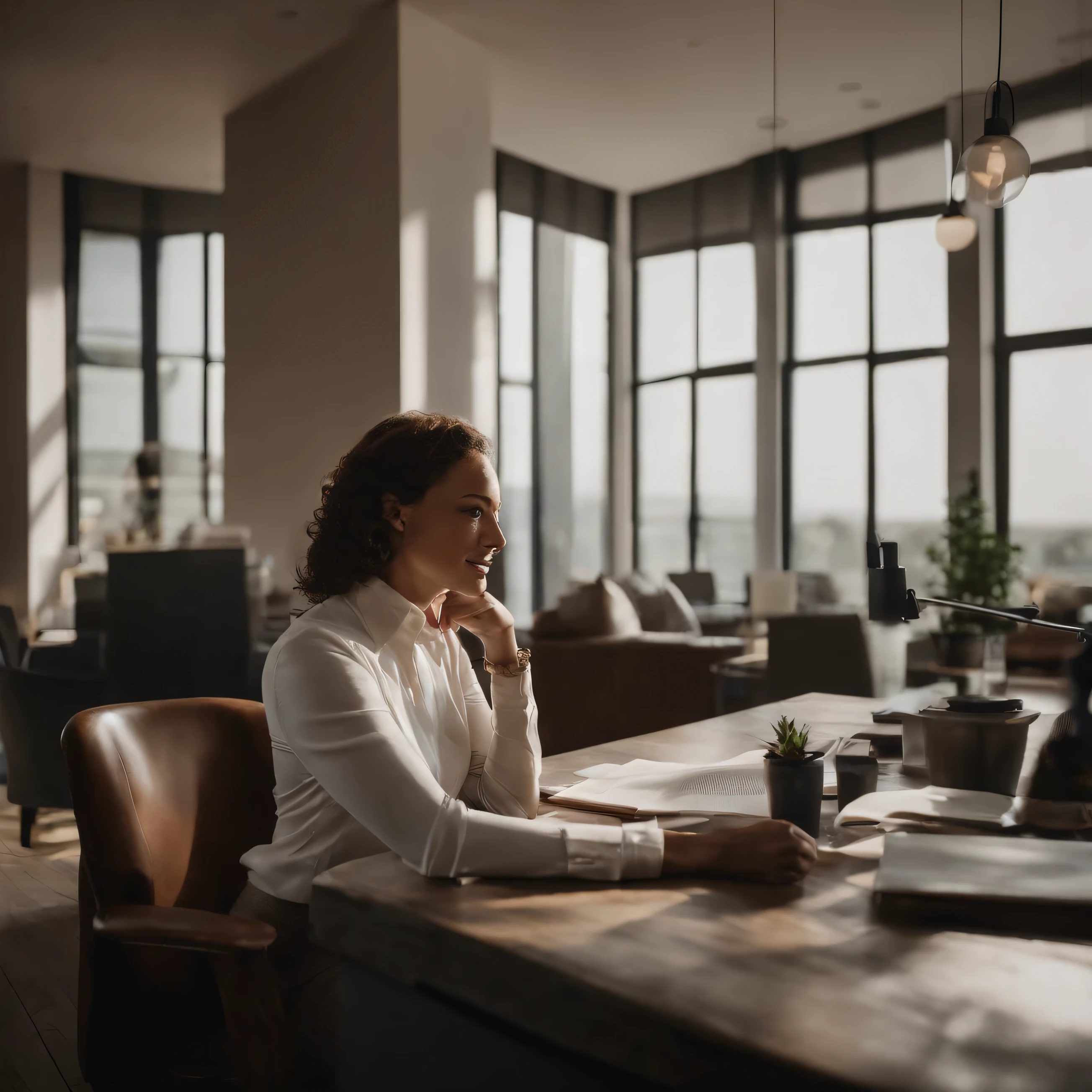 Image for a social media post, a well-lit office, with a 40-year-old, professionally successful woman writing.