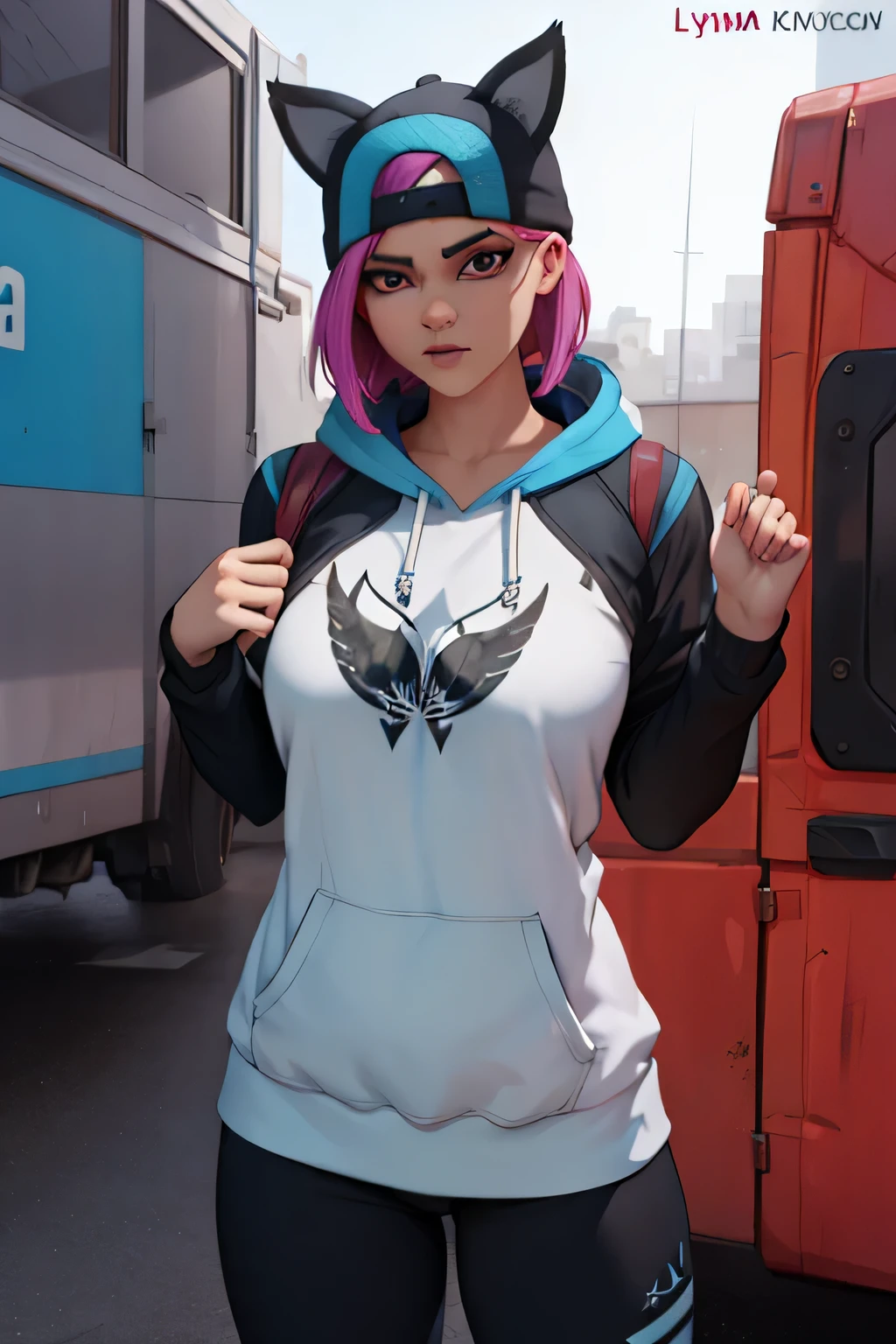 Zona de juego, Lynx con sudadera con capucha, azul con blanco y negro, Negro guantes sin dedos, Leggings Negros, ojos finos
