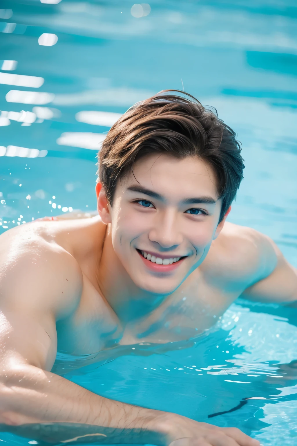 Create photos of a white asian boy, smiling, blue-eyed man with an athletic body in the pool