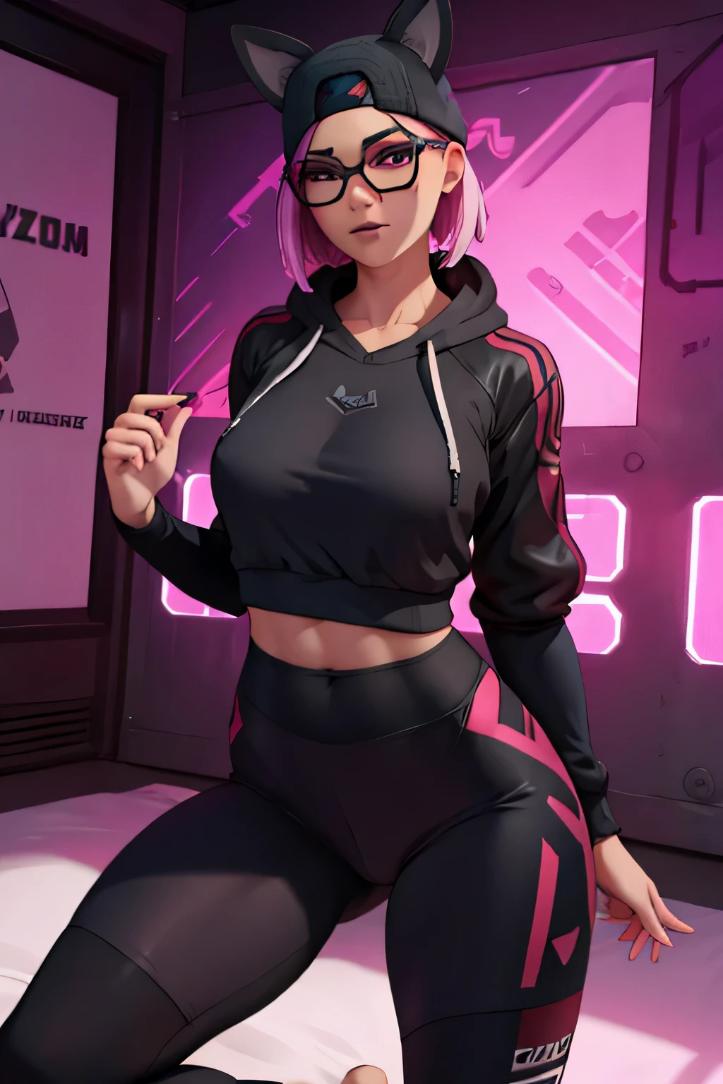 Zona de juego, Lynx con sudadera con capucha, azul con blanco y negro, Negro guantes sin dedos, Leggings Negros, ojos finos, gafas