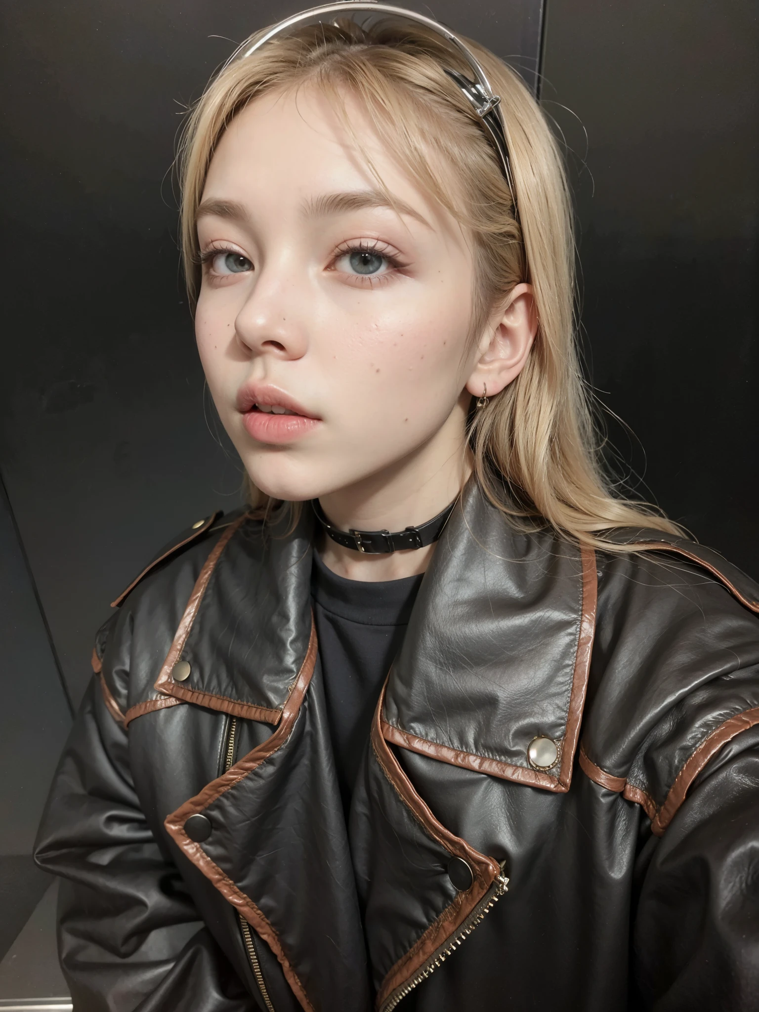 loira com uma jaqueta de couro preta e uma jaqueta de couro marrom, she parece uma mistura de sujeira, 1 7 year old goth girl, Retrato de Kim Petras, parece uma mistura de sujeira, em uma velha jaqueta de couro dos anos 1950, 🤤 retrato de , goth girl aesthetic, vestido com jaqueta de couro, couro, eva elfo,jennie,jennie blackpink