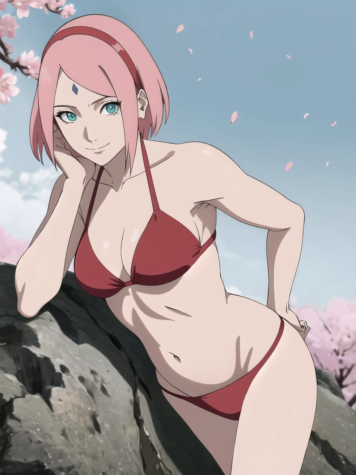 anime style, solo, 1 woman, from above, close view, super ultra details, bold drawing lines, very high resolution, perfect anatomy, ultra detailed face, high vibrance, (blue light), ((cold colors)), 1girl, haruno sakura, (slim body, thin belly , off-shoulders, biceps, leaning forward, very pale skin, forehead mark), ((red bikini, red hair band)), looking at viewer, (cherry blossom), floating hair, big smile, cowboy shot, (reddish pink hair, short hair), spring time, attractive colors