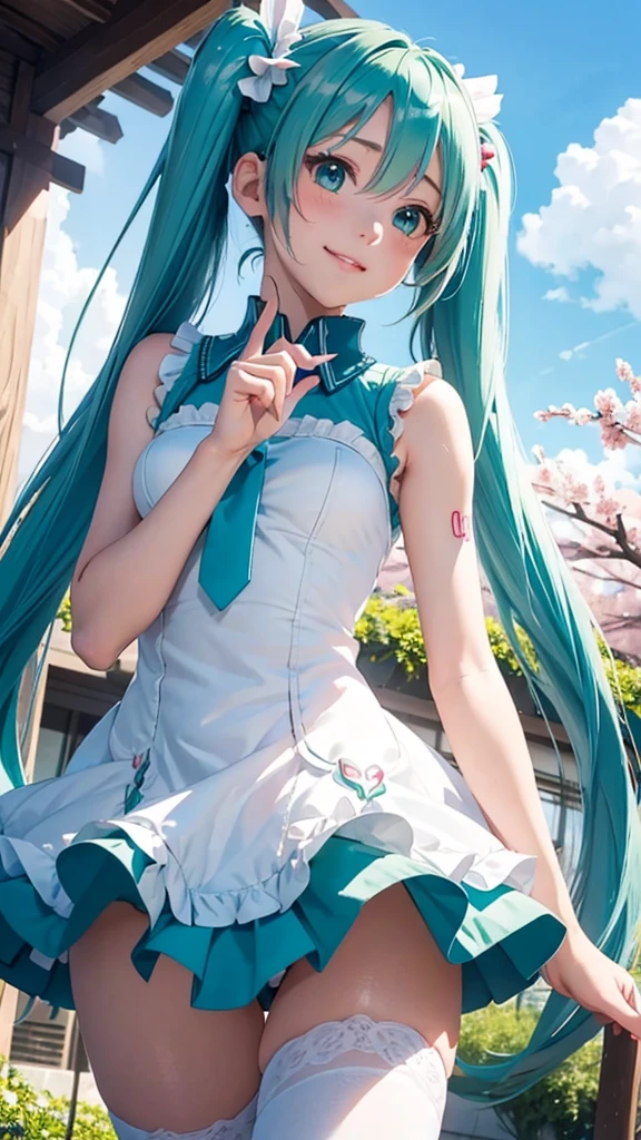 Super detailed, NSFW, masterpiece, High resolution, Photorealistic digital art, perfect lighting, (((1 girl, perfect anatomy))), accurate right hand, accurate left hand, five fingers, perfect style, shy smile, (hatsune miku,) 3d face, big light blue-green eyes, glossy lips, blue-green long hair, shiny skin, (((twin tails))), big square hair accessories, ((Sakura Kinomoto)), Dress too small, Focus on the groin, outdoor,