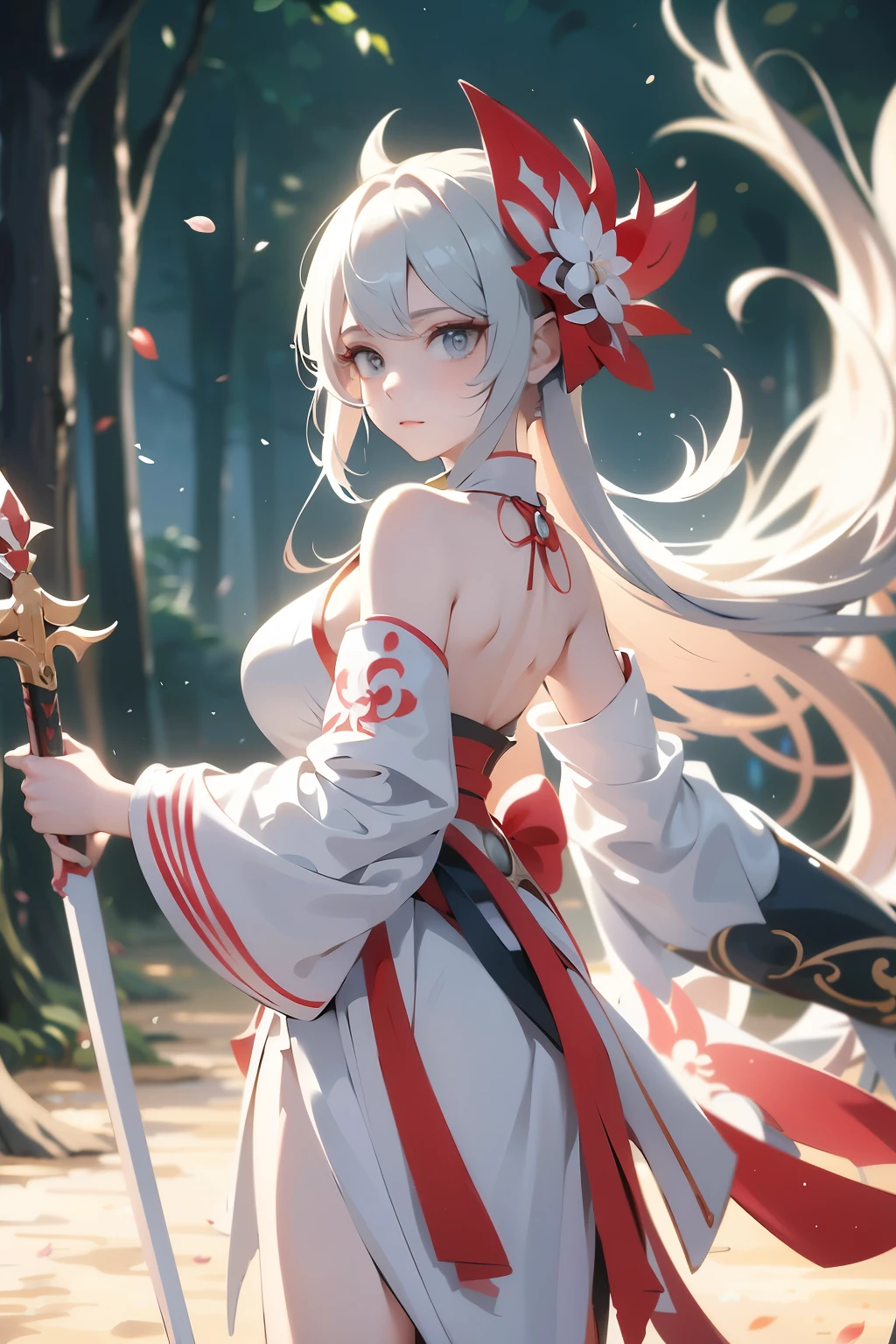 a woman in a white and red outfit holding a sword, detailed anime character art, female anime character, white haired deity, anime character art, onmyoji, ayaka genshin impact, holding a sword on her shoulder, onmyoji detailed art, keqing from genshin impact, onmyoji portrait, from arknights, detailed digital anime art, power instance, ready, fullbody view