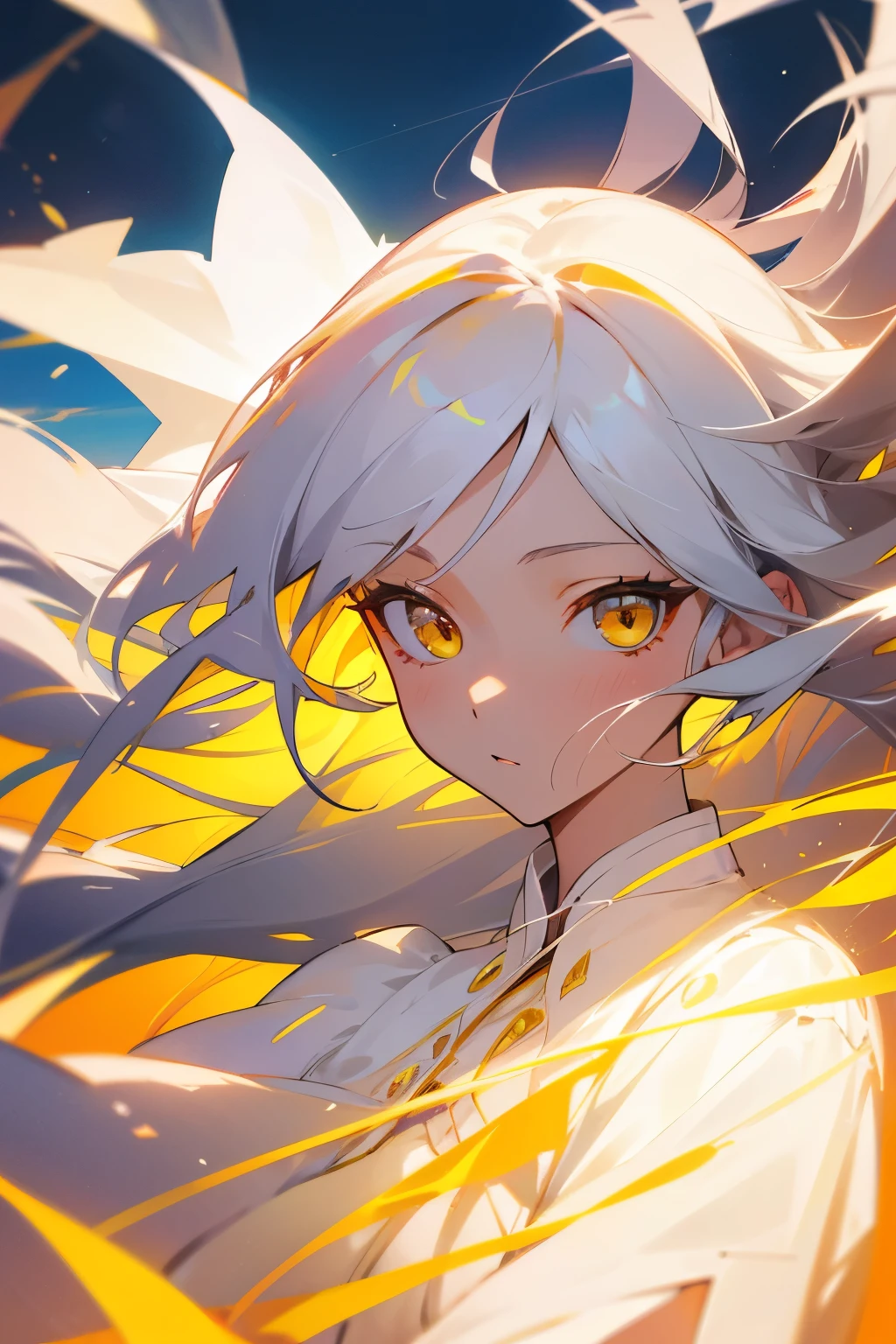 high resolution, Masterpiece, female, long hair, white hair, yellow eyes, white dress, sunset, sky, floating, wind, ray trancing, close up, vibrant color, portrait