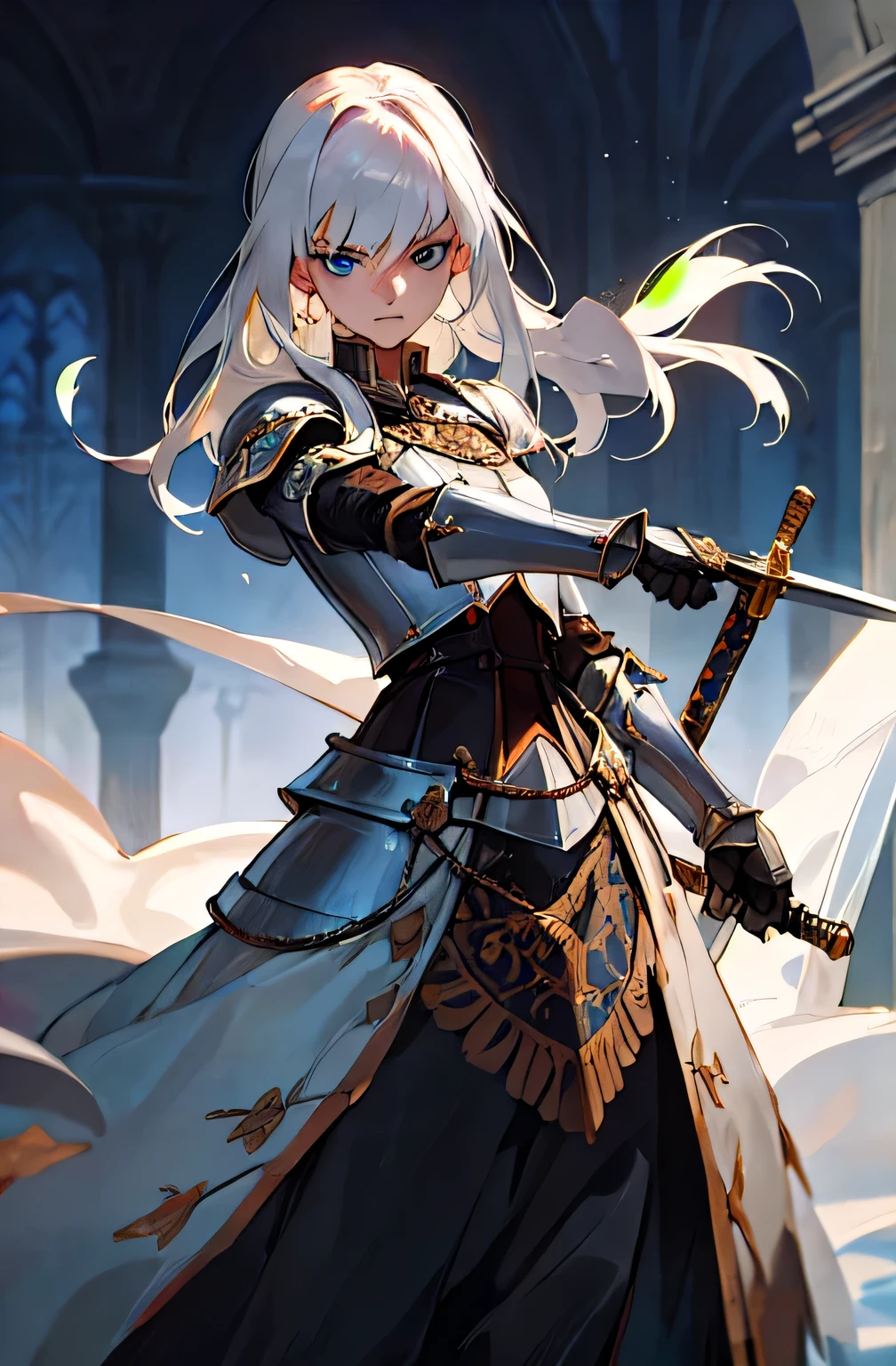 meilleure qualité d'image, High resolution, 8k, realistic representation down to the smallest detail, photorealism, Create an anime-style manga illustration of Elizabeth Harrington, the main character of my novel "The Scarlet Beast." Elizabeth is a 24-year-old female knight, tall and slender, with long white hair and piercing blue eyes. She exudes a calm and determined aura, reflecting her maturity and expertise in swordsmanship and war strategy. In the illustration, Elizabeth should be depicted wearing elegant yet functional knight armor adorned with intricate and symbolic designs. Her expression should convey a sense of quiet resolve and intensity, with her eyes reflecting her inner strength and complexity. Feel free to incorporate subtle visual cues that hint at Elizabeth's dual nature, with elements representing both her noble exterior and her darker inner self. Show her holding a sword, poised for battle, with a backdrop that suggests the medieval fantasy world she inhabits. Please ensure that the illustration captures Elizabeth's commanding presence and hints at the layers of depth to her character, from her past traumas to her ongoing struggles and ambitions.