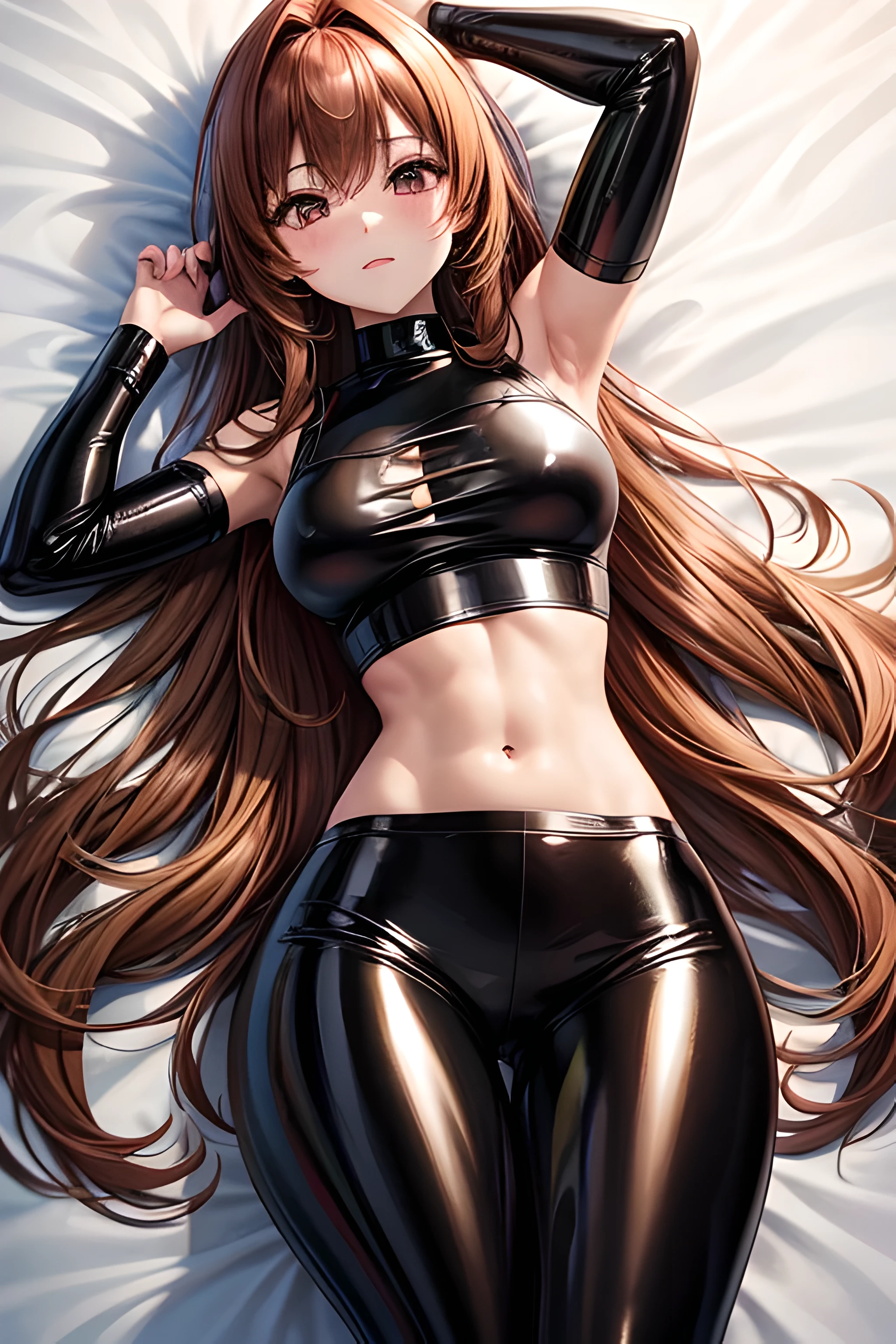 light brown long haired, auburn haired,black asian eyes, thin and sexy body, sexy chest , anime girl, latex crop top, latex leggings, shy