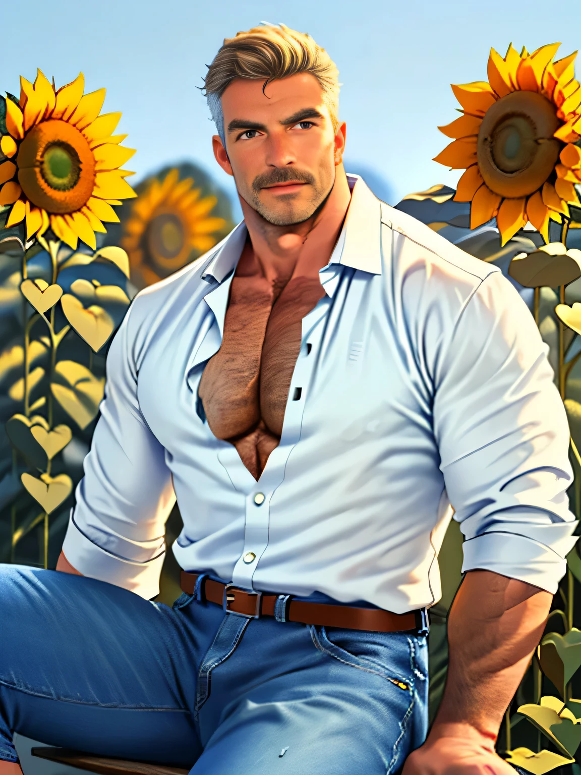 a young ginger male model, athletic build, shirtless, only wearing nothing, fully naked, correct looking penis, well-shaped penis, smooth penis and balls, sexy, strong confident pose, sunflower field, (best quality, 4k, 8k, highres, masterpiece:1.2), ultra-detailed, (realistic, photorealistic, photo-realistic:1.37), HDR, UHD, studio lighting, highly detailed eyes and face, vibrant colors, bokeh