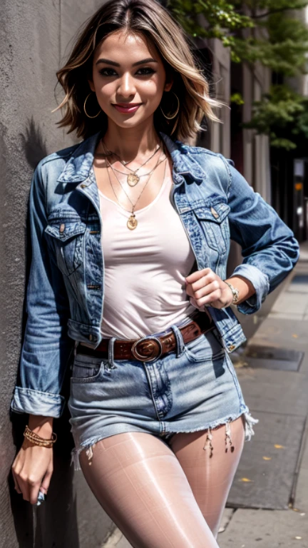 1woman 25 year old, solo, short straight hair,ooking at viewer, detailed eyes, shy smile,jewelry, medium breasts, earrings,belt, blue denim jacket over tight beige t-shirt,mini skirt,sheer tan pantyhose,boots, necklace, bracelet, lips