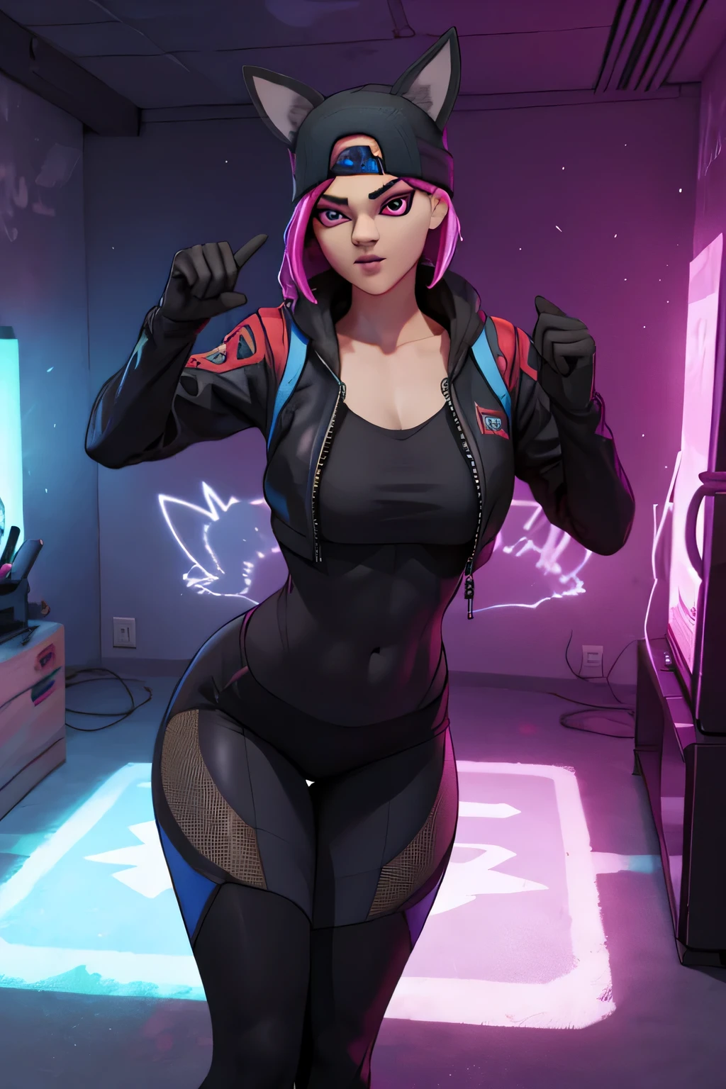 Gaming Zone Lynx chaqueta Negro, guantes sin dedos, Leggings negros, ojos finos, neon, pose heroico
