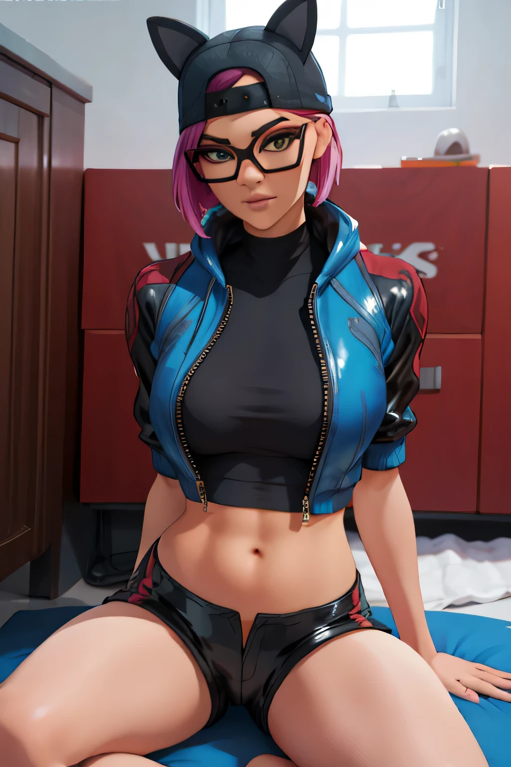 gafas de lince, chaqueta azul con negro, latex shorts