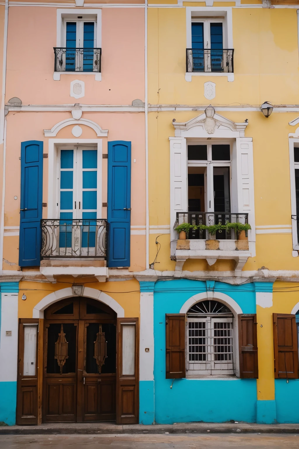 crie uma imagem semelhante mas com cores diferentes, e com modelos de janelas e portas diferentes dessa,
Develop detailed images of the historic architecture of the city of Pernambuco, highlighting buildings with Portuguese and Dutch influences. Buildings must be vibrant and colorful, apresentando fachadas 100% frontais. Include windows that run the entire length of buildings, completely filling the screen for immersive, immersive viewing.