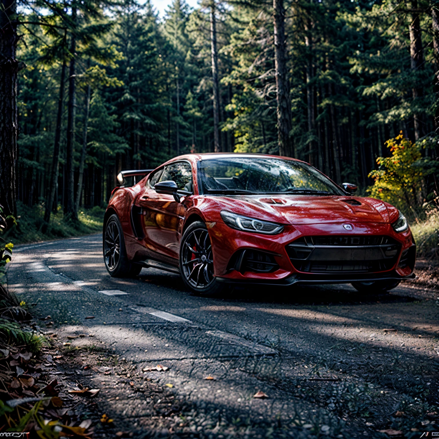 road, red sports car, bright sun, the forest((8K, Raw-Photo, top quality, masterpiece), Highly detailed RAW color photography, professional photography,  (realistic, photorealism:1. 37), (top quality), (best shadow), (Best Illustration), ultra high resolution, highly detailed CG wallpaper unified 8K, Physics-based rendering)