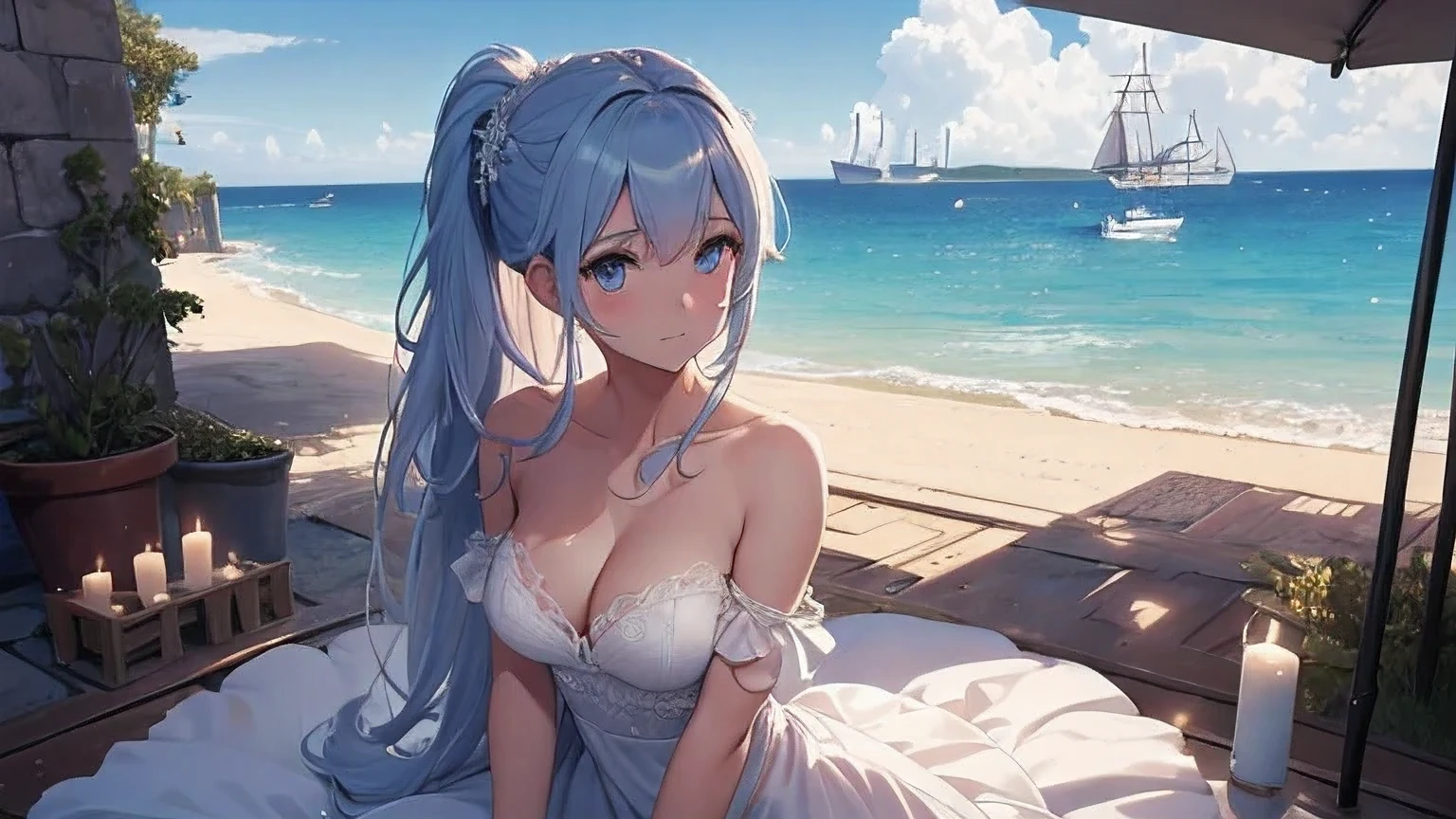 (8k, RAW foto, mejor calidad, (Obra maestra, super high quality, super detailed), anime style paisaje, chica joven, Absoluto, velas escarlatas, girl looking at the sea from the coast, camera looking at the sea, detalles intrincados, sailing ship with velas escarlatas, Una escena de una novela de Alexander Greene. "velas escarlatas" imagen de medio cuerpo, A beautiful bride posing for a photograph in an alley, brown ponytail, golpes, risa feliz, blue eyes, Cuerpo magro musculoso, perfect anatomy, Looking to the camera, Time of the day, cielo azul, estilo animado, al aire libre, tendencia en artstation, Oh!, sakimichan muy sensual, con ropa original cuerpo entero, muy realista, extremadamente realista, extremadamente sexy, 8k, 8k extremadamente detallado), (un extremadamente delicado y hermoso), (obra maestra), (mejor calidad: 1.0), (ultra high resolution:1.0)